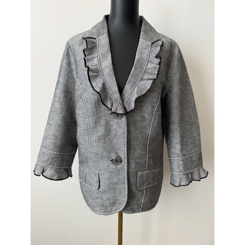 Ann Trinity Womens L Jacket Blazer Ruffle Collar Gray/Black Linen NWOT